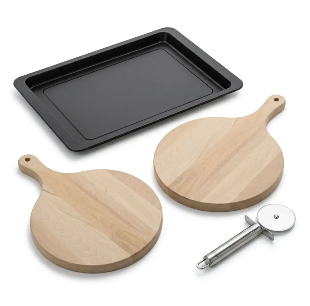Set voor pizza met een ovenbakplaat, 2 ronde pizzaplanken en een pizzasnijder Fa
