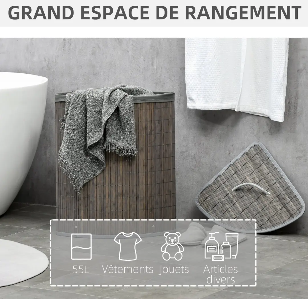 HOMCOM Wasmand Bamboe - 38x38x57cm - Grijs - afbeelding 6 van 6