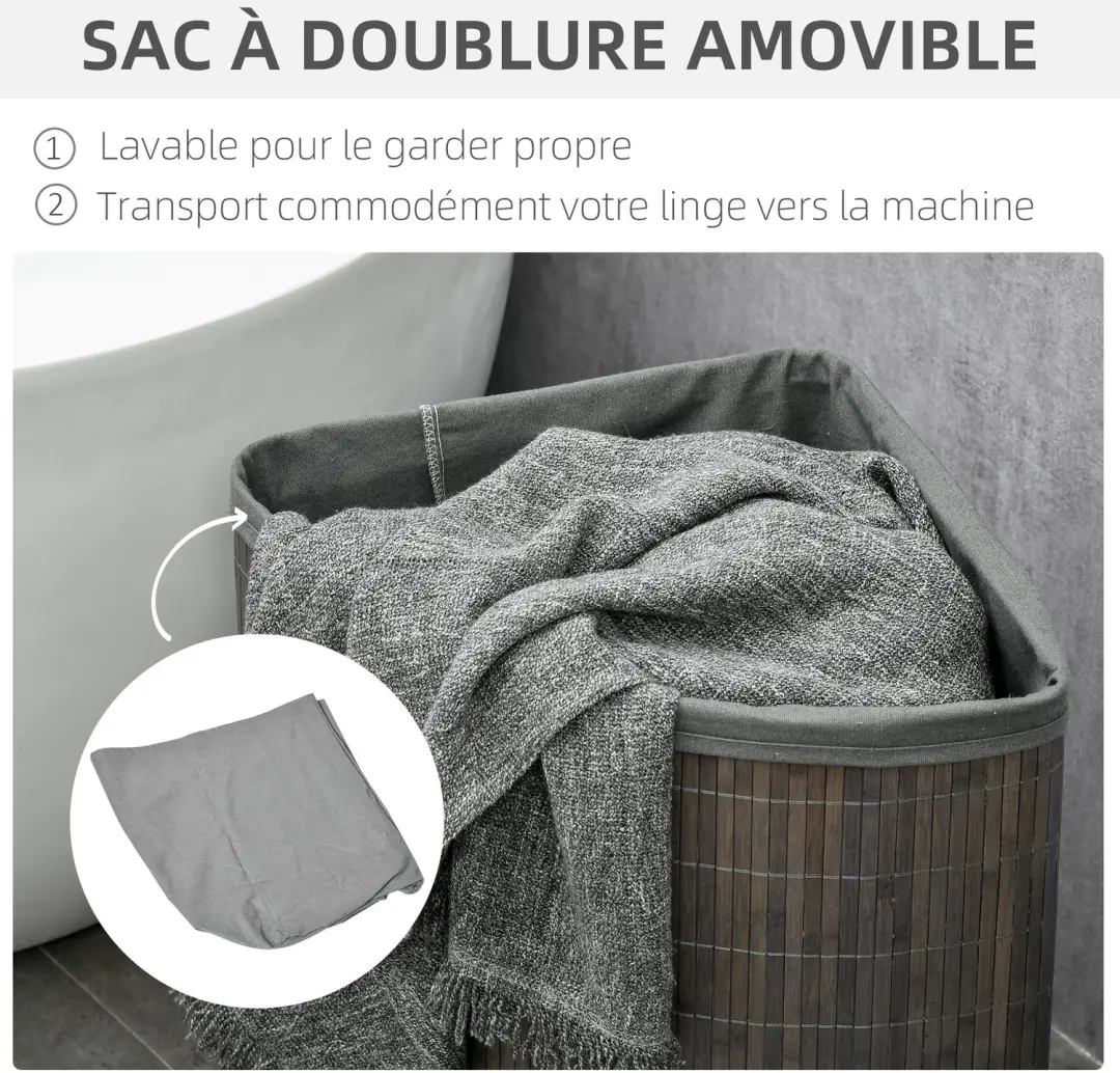HOMCOM Wasmand Bamboe - 38x38x57cm - Grijs - afbeelding 2 van 6