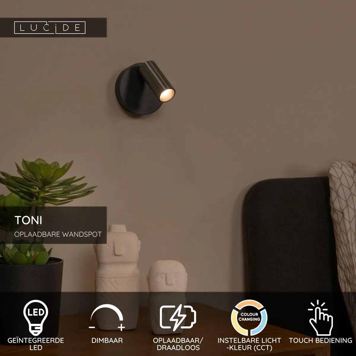 Lucide TONI Oplaadbare Wandspot - Ø8,1cm LED Dimbaar Grijs ijzer