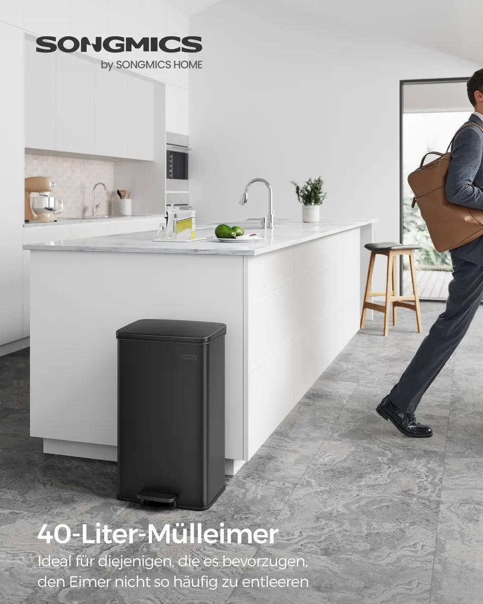 Songmics Keukenafvalbak 40 Liter - Staal - Zwart - afbeelding 3 van 6