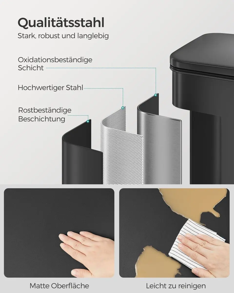 Songmics Keukenafvalbak 40 Liter - Staal - Zwart - afbeelding 4 van 6