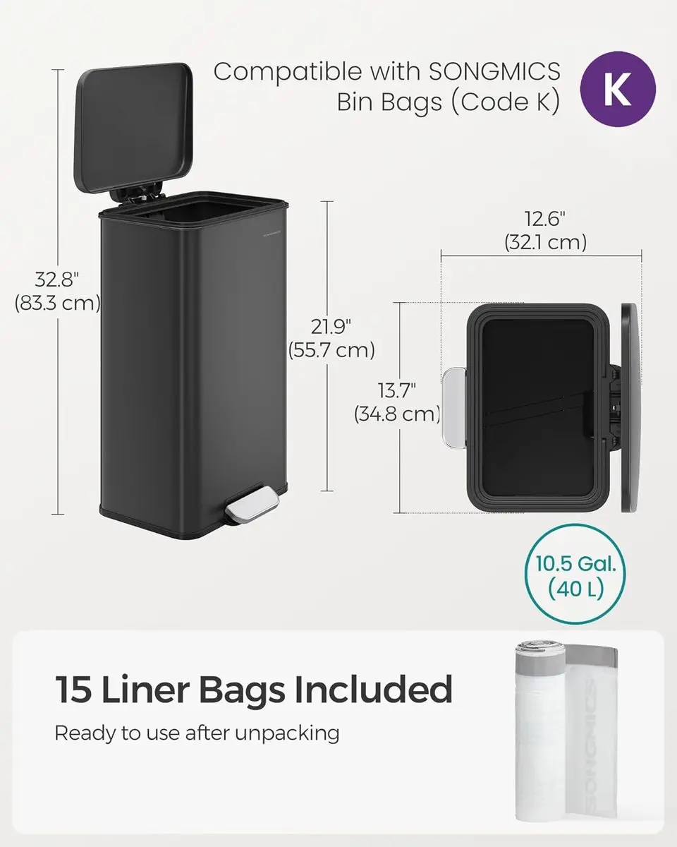Songmics Keukenafvalbak 40 Liter - Staal - Zwart - afbeelding 2 van 6