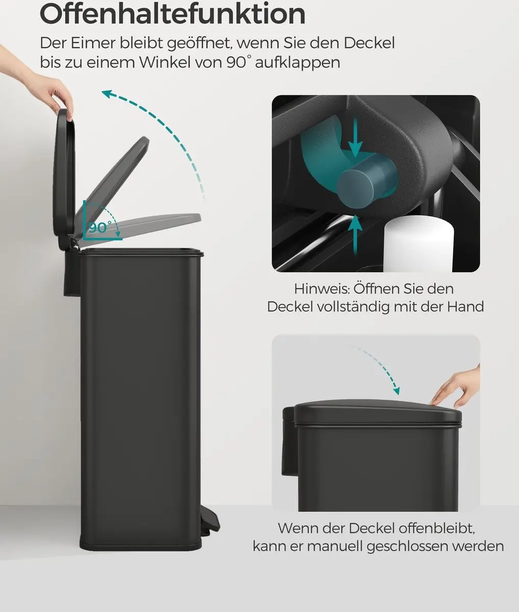 Songmics Keukenafvalbak 40 Liter - Staal - Zwart - afbeelding 5 van 6