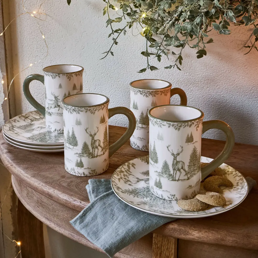 Loberon Flonker Kopjes Set van 6 - Wit/Groen - afbeelding 3 van 4