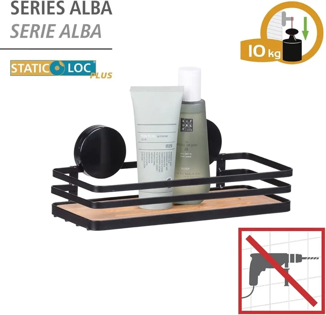 Wenko  Static-Loc Plus Alba Wandplank, badkamerplank van gelakt staal en duurzame bamboe, bevestigen zonder boren, veilige grip door statische hechting, 26 x 11 x 12 cm, zwart/naturel - afbeelding 4 van 4