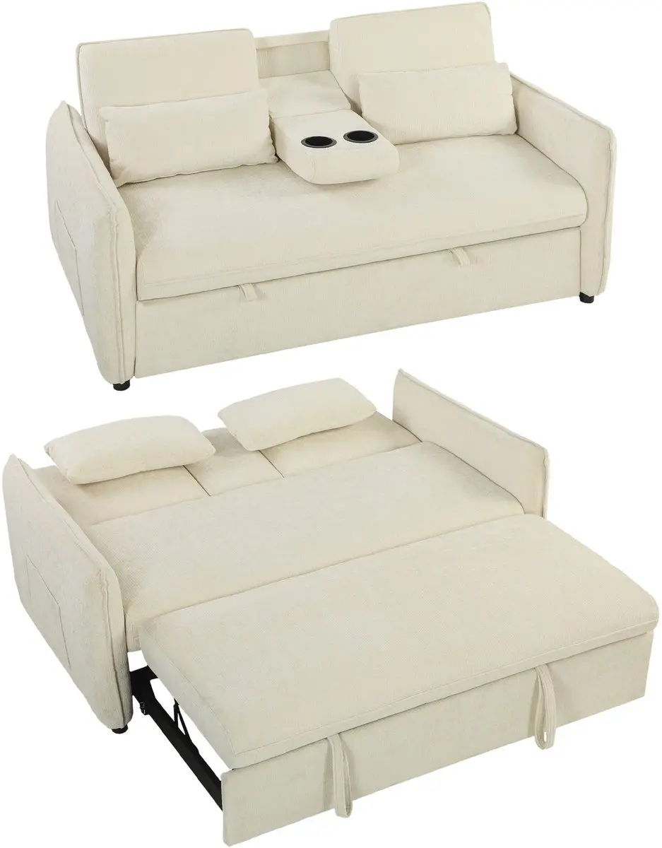 HOMCOM Slaapbank-Chenille (100% polyester)-166L x 90B x 84H cm-Beige