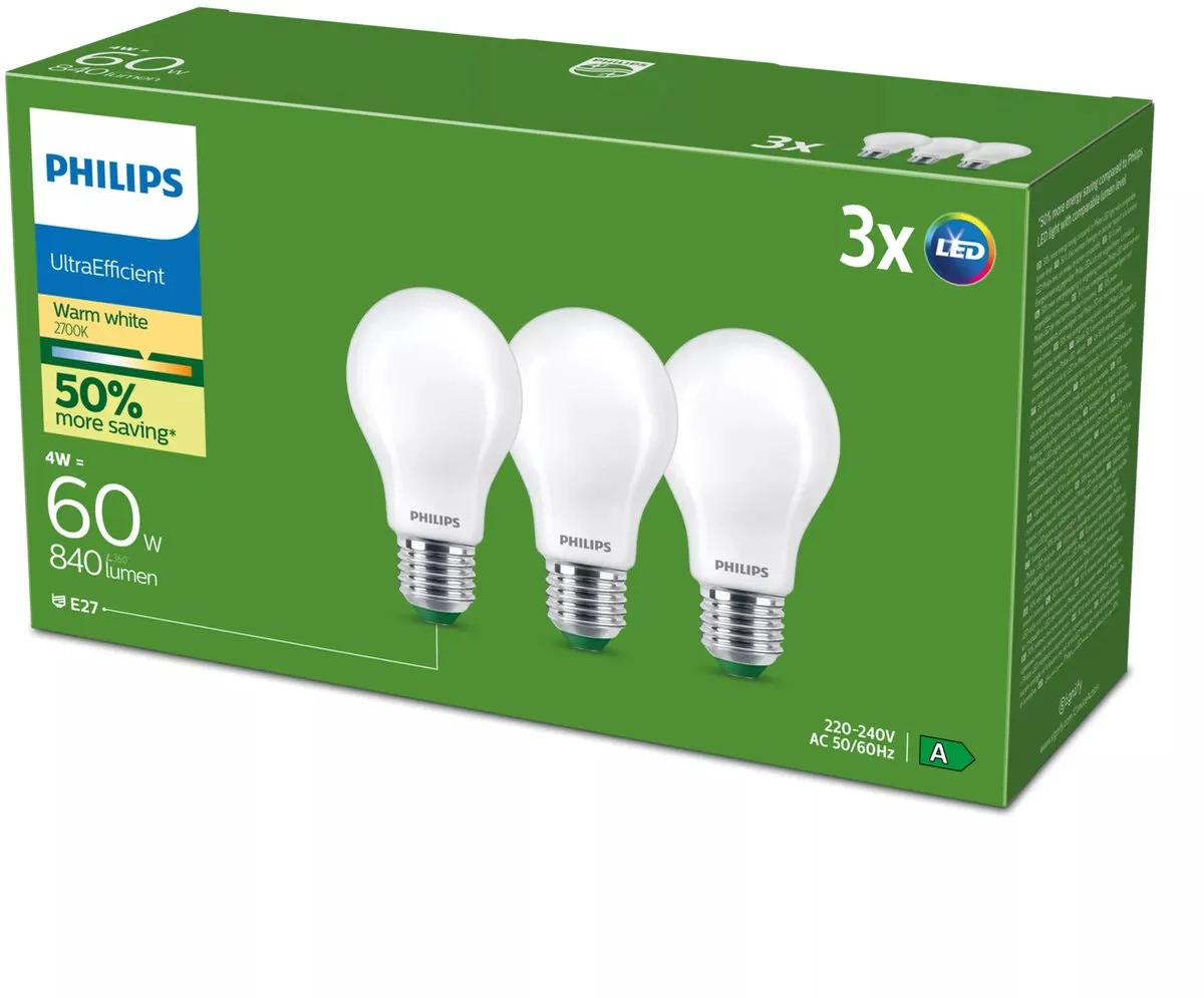 Philips UltraEfficient LED Lamp E27 4W - 3 Stuks