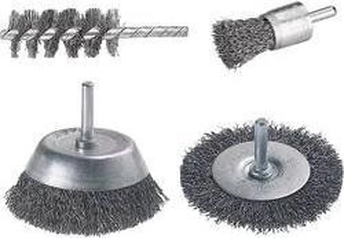 wolfcraft - Staalborstel boormachine set 4 delig - Draadborstel - Schuurborstel - Borstelset – Roestverwijderaar - 2133000