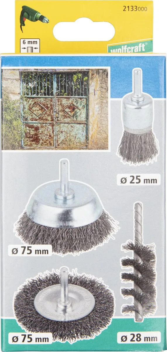 wolfcraft - Staalborstel boormachine set 4 delig - Draadborstel - Schuurborstel - Borstelset – Roestverwijderaar - 2133000
