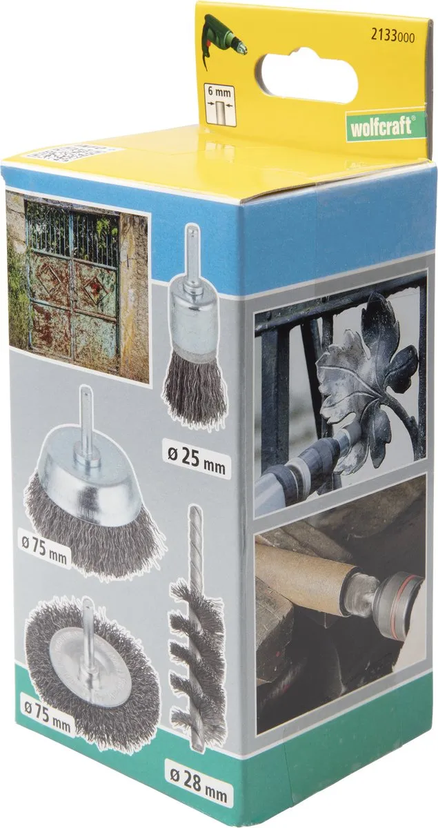 wolfcraft - Staalborstel boormachine set 4 delig - Draadborstel - Schuurborstel - Borstelset – Roestverwijderaar - 2133000