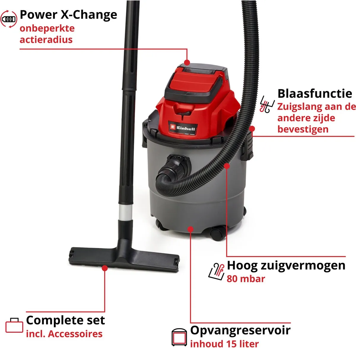 Einhell TC-VC 18/15 Li Solo Accu Nat-/Droogzuiger 15L - Blaasfunctie