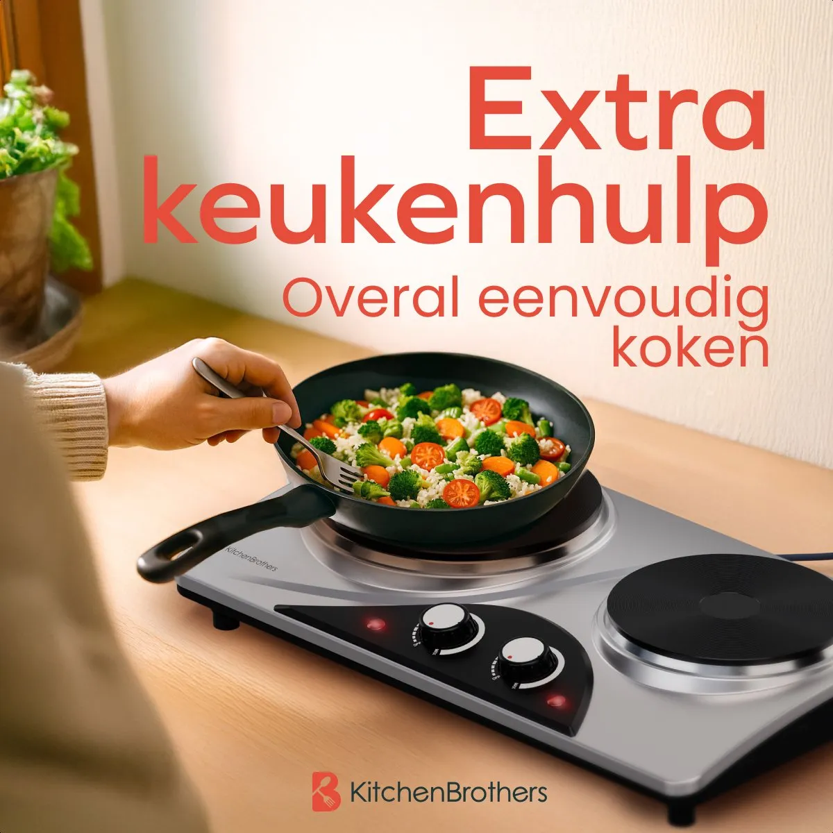 KitchenBrothers KB4172 Elektrische Kookplaat 2 Pits - 1500W/1000W - Zwart/RVS