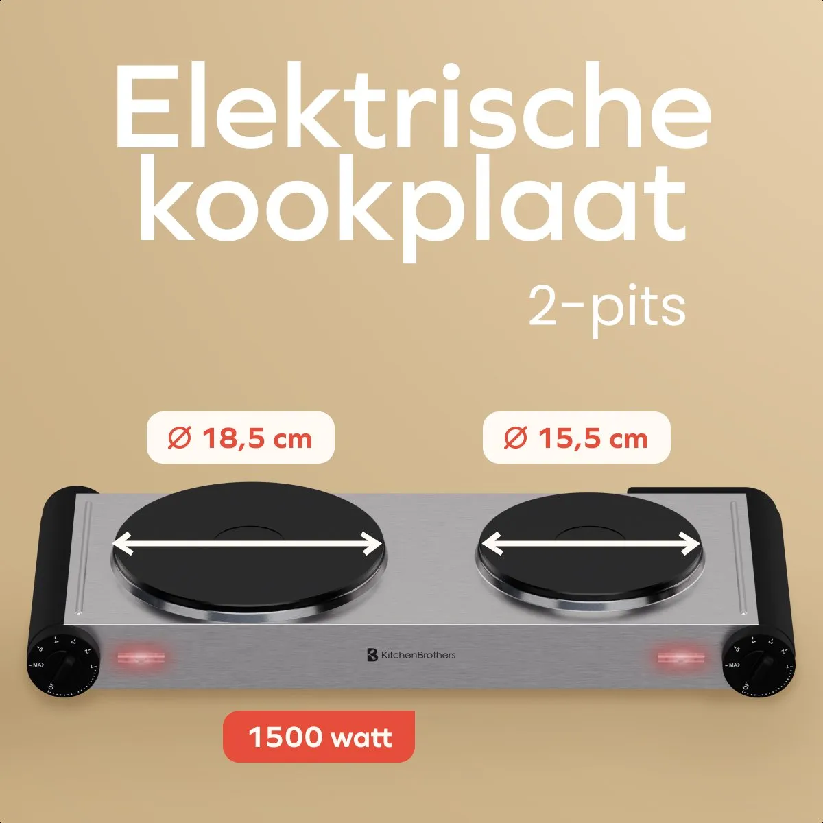KitchenBrothers KB4172 Elektrische Kookplaat 2 Pits - 1500W/1000W - Zwart/RVS