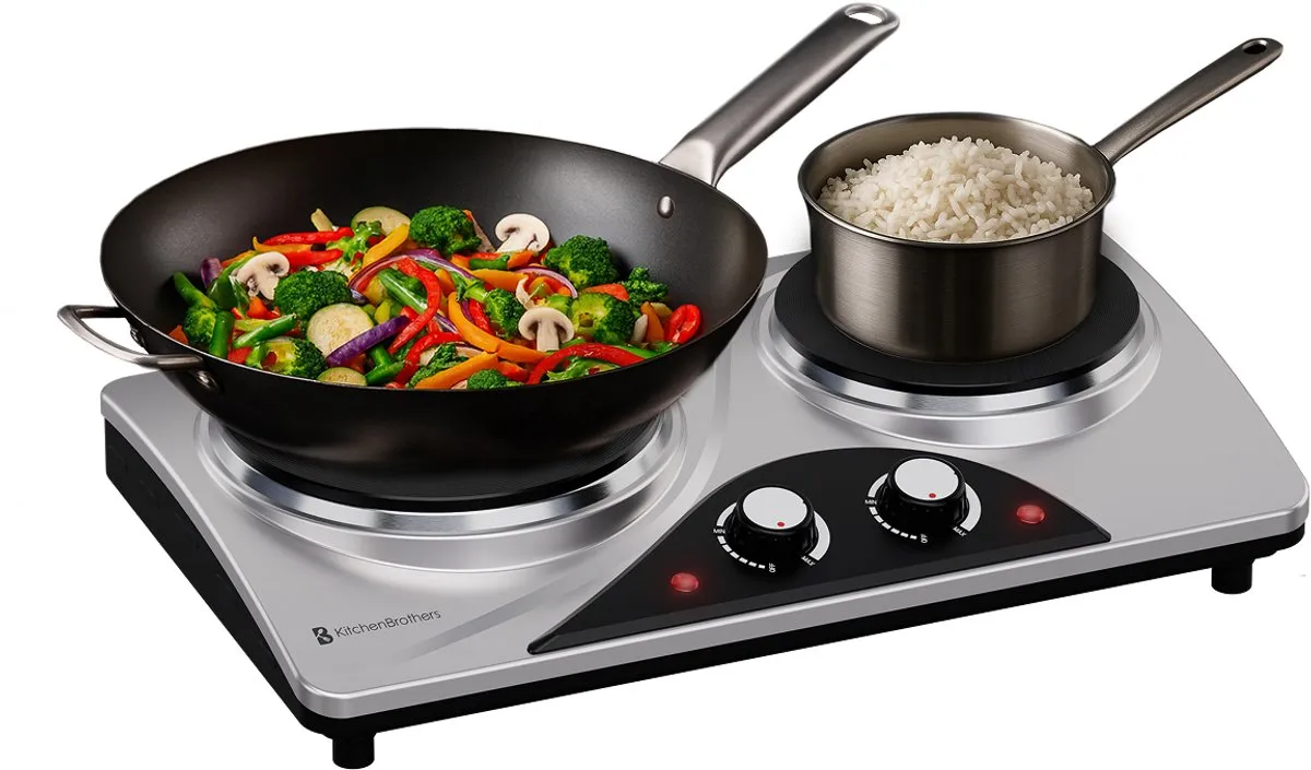 KitchenBrothers KB4172 Elektrische Kookplaat 2 Pits - 1500W/1000W - Zwart/RVS
