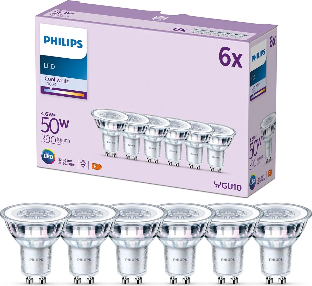 Philips LED Spot GU10 4.6W Koelwit - 6 Stuks