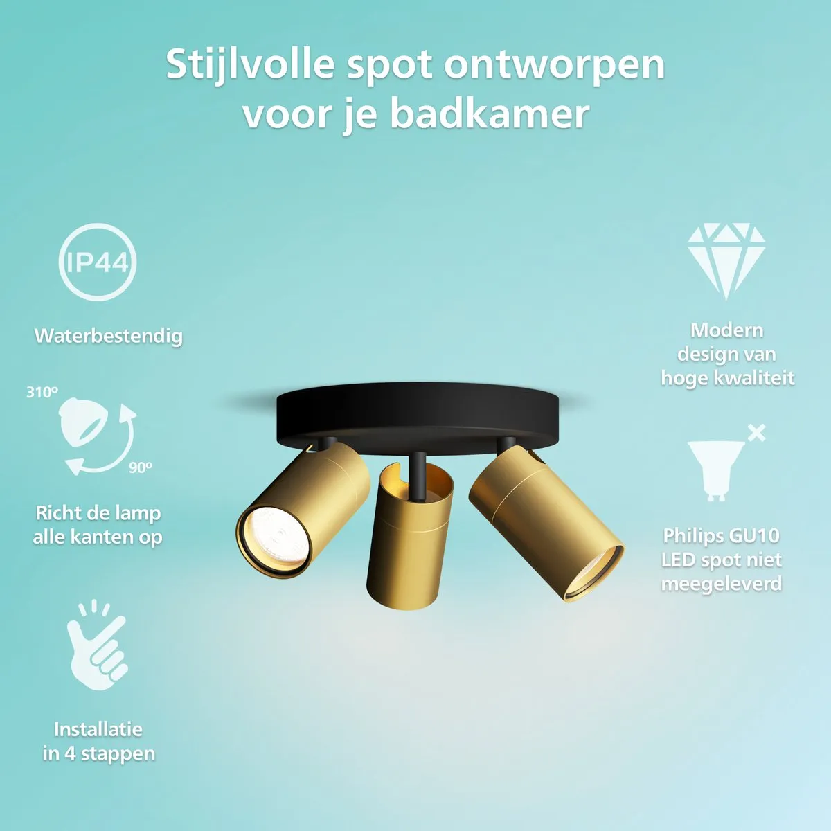 Philips Idris Plafondspot 3x5W - IP44 - Messing - Wit