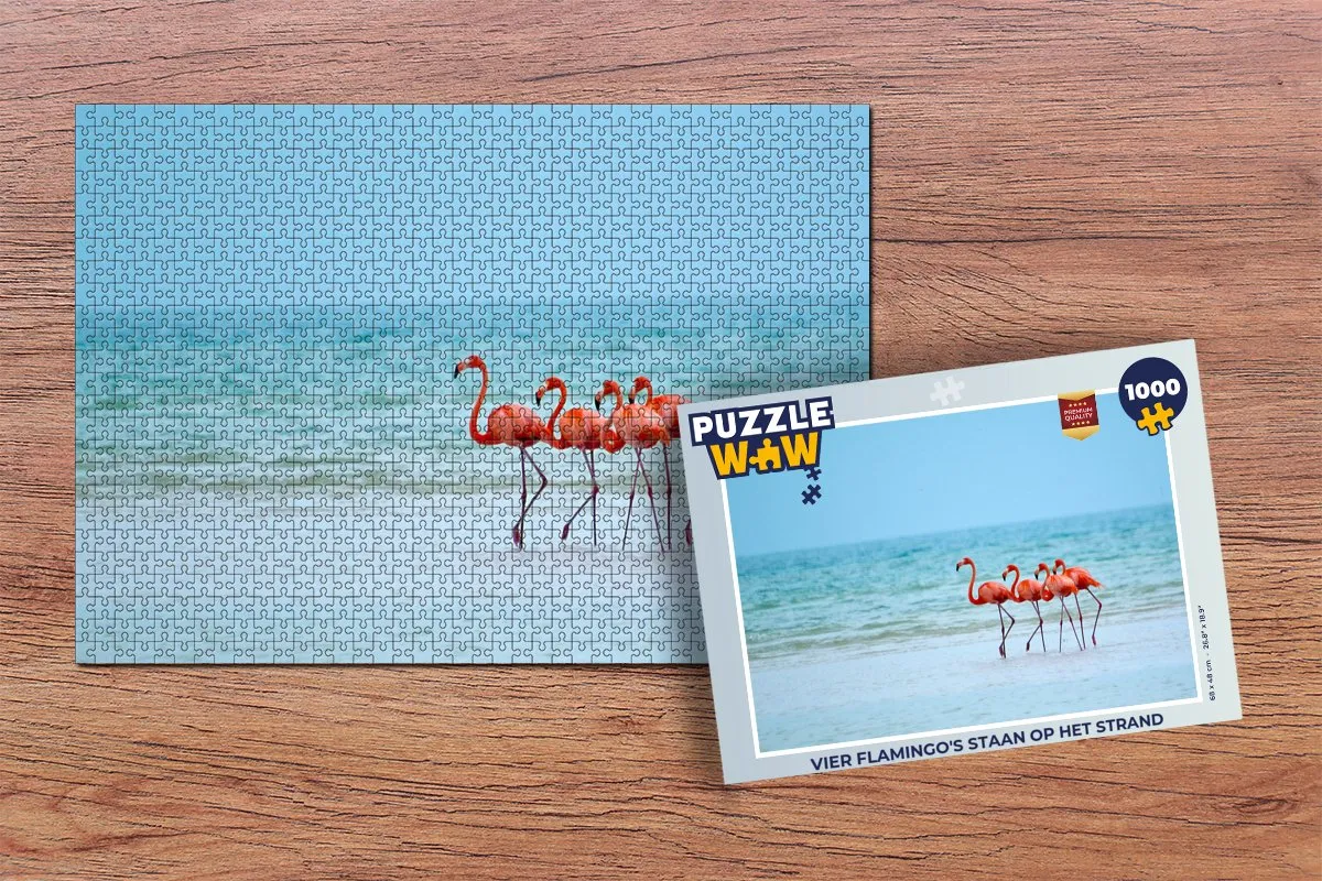 PuzzleWow Legpuzzel 1000 Stuks - Vier Flamingo's op het Strand - Multicolor