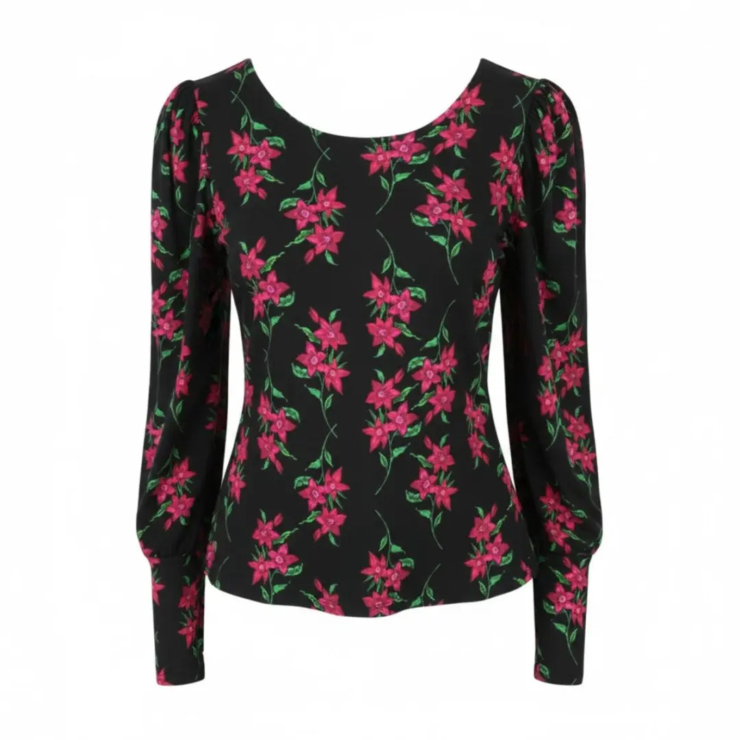 Desigual Ts Kim Damesblousezwarte bloemenprint met lange mouwen en open achterka