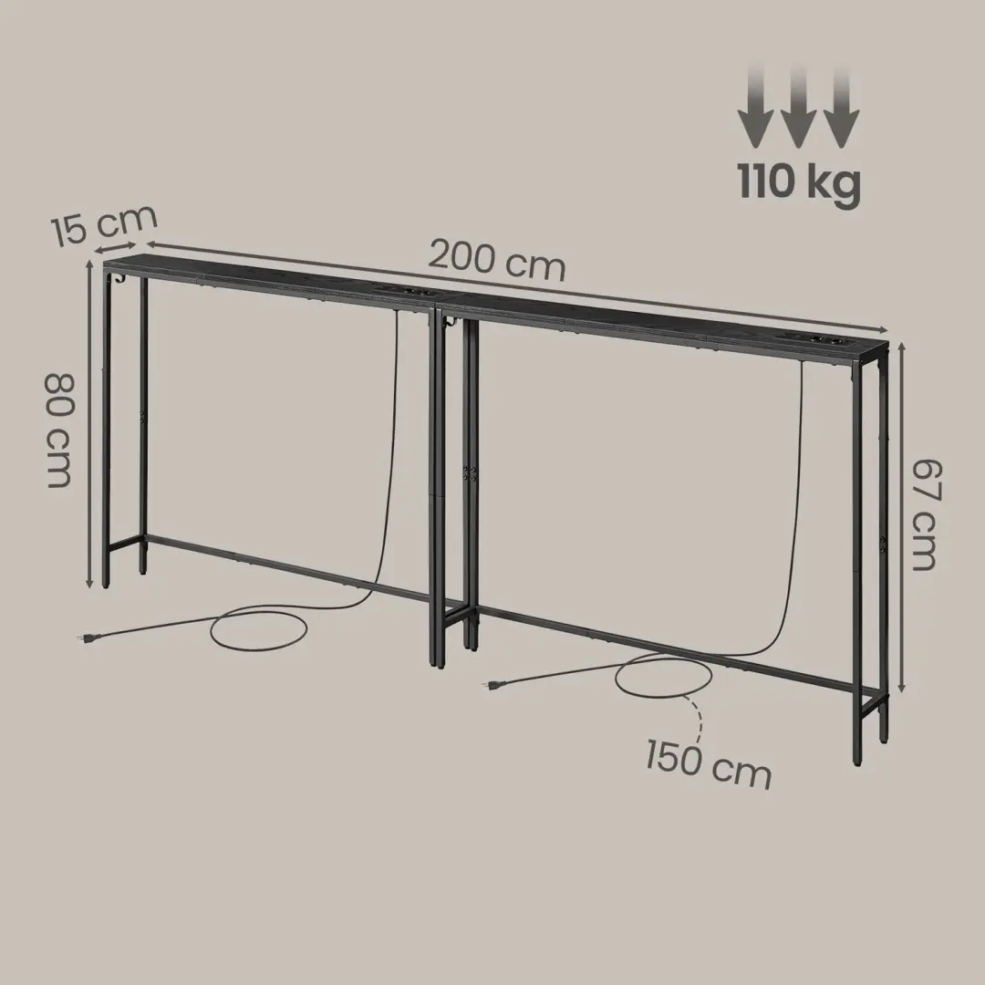 Songmics Smalle Sidetable met Stopcontact - Antracietgrijs - afbeelding 3 van 4