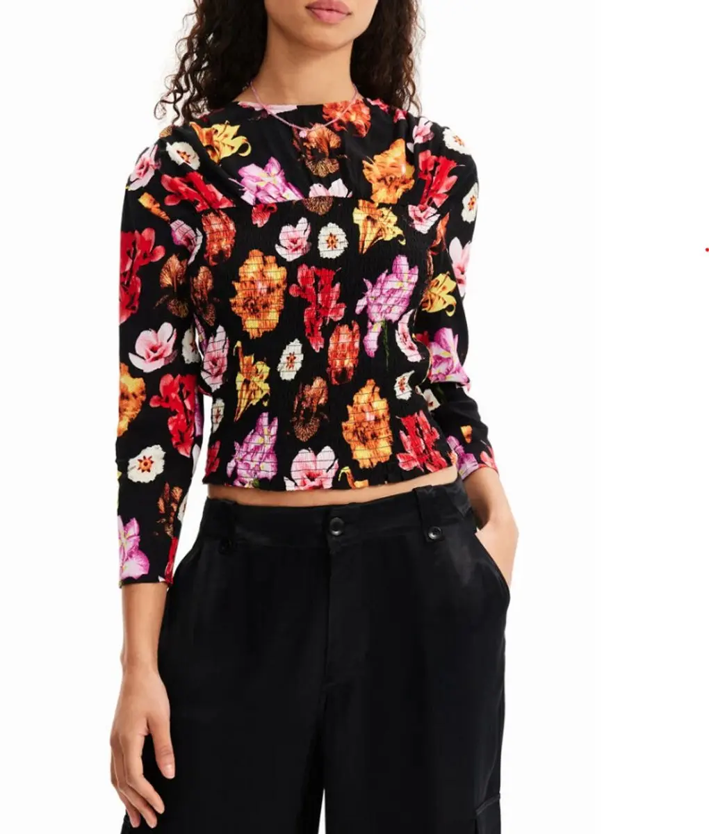 Desigual Blus Rosa damesblouse met kleurrijke bloemenprint, cropped 3/4 mouwen
