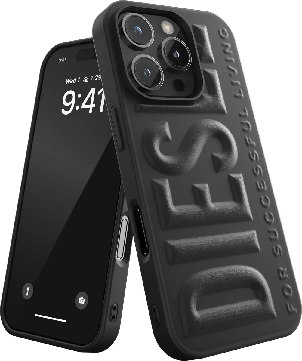 Diesel 3D Telefoonhoesje iPhone 16 Pro – Zwart – 3D Logo – Valbescherming tot 2 Meter – Draadloos Opladen – Shockproof – Backcover – Origineel Diesel Accessoire met Diesel logo