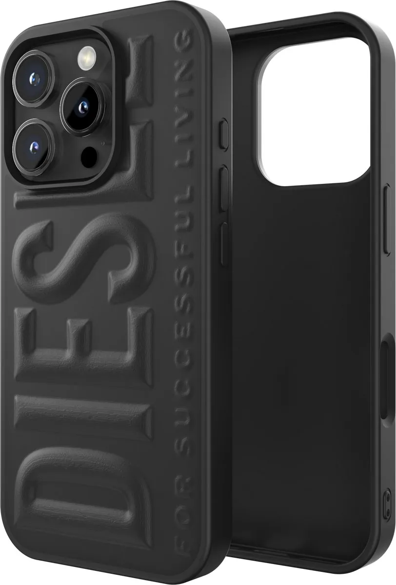 Diesel 3D Telefoonhoesje iPhone 16 Pro – Zwart – 3D Logo – Valbescherming tot 2 Meter – Draadloos Opladen – Shockproof – Backcover – Origineel Diesel Accessoire met Diesel logo