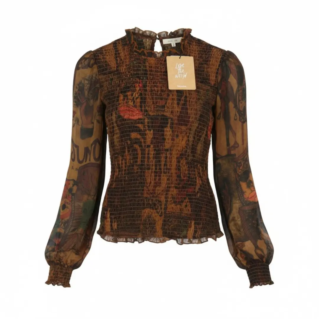 Desigual Blus Hisopo damesblousebruine honingraat bedrukte kraag met ruches