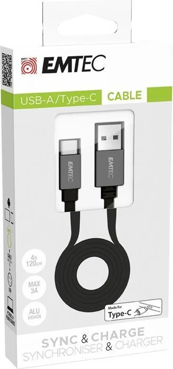 Emtec T700 ECCHAT700TC USB-A naar USB-C kabel - Zwart - afbeelding 3 van 3