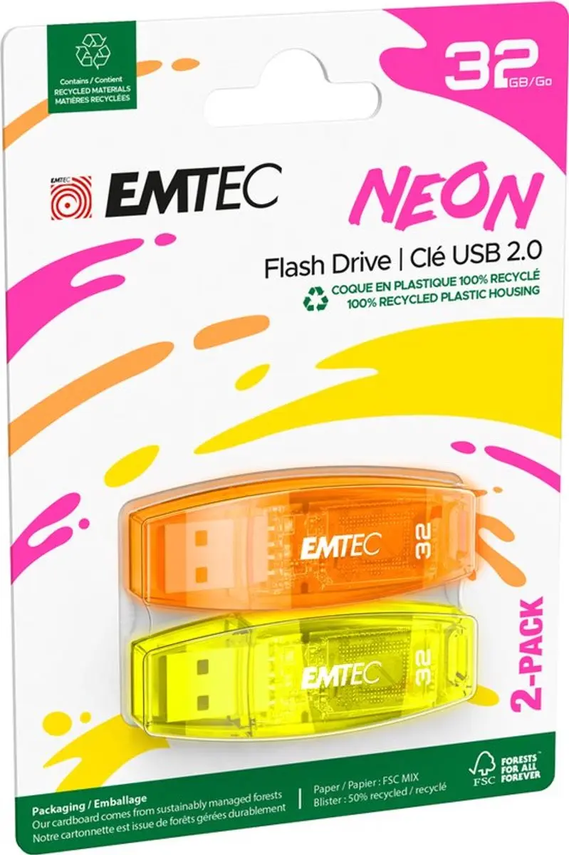 Emtec C410 2-pack Neon USB flash drive 32 GB USB Type-A 2.0 Oranje, Geel