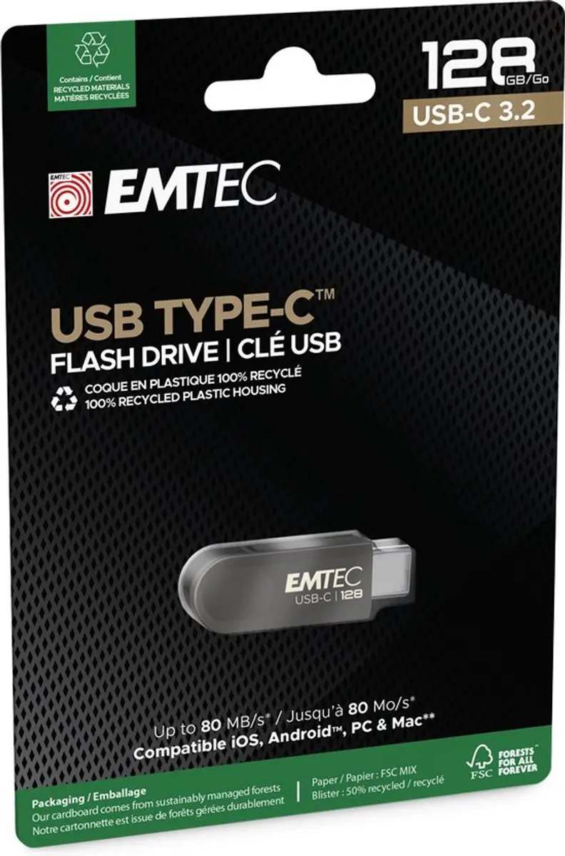 Emtec C280 ECMMD128GC283 USB-stick 128GB USB-C - Zwart - afbeelding 2 van 2