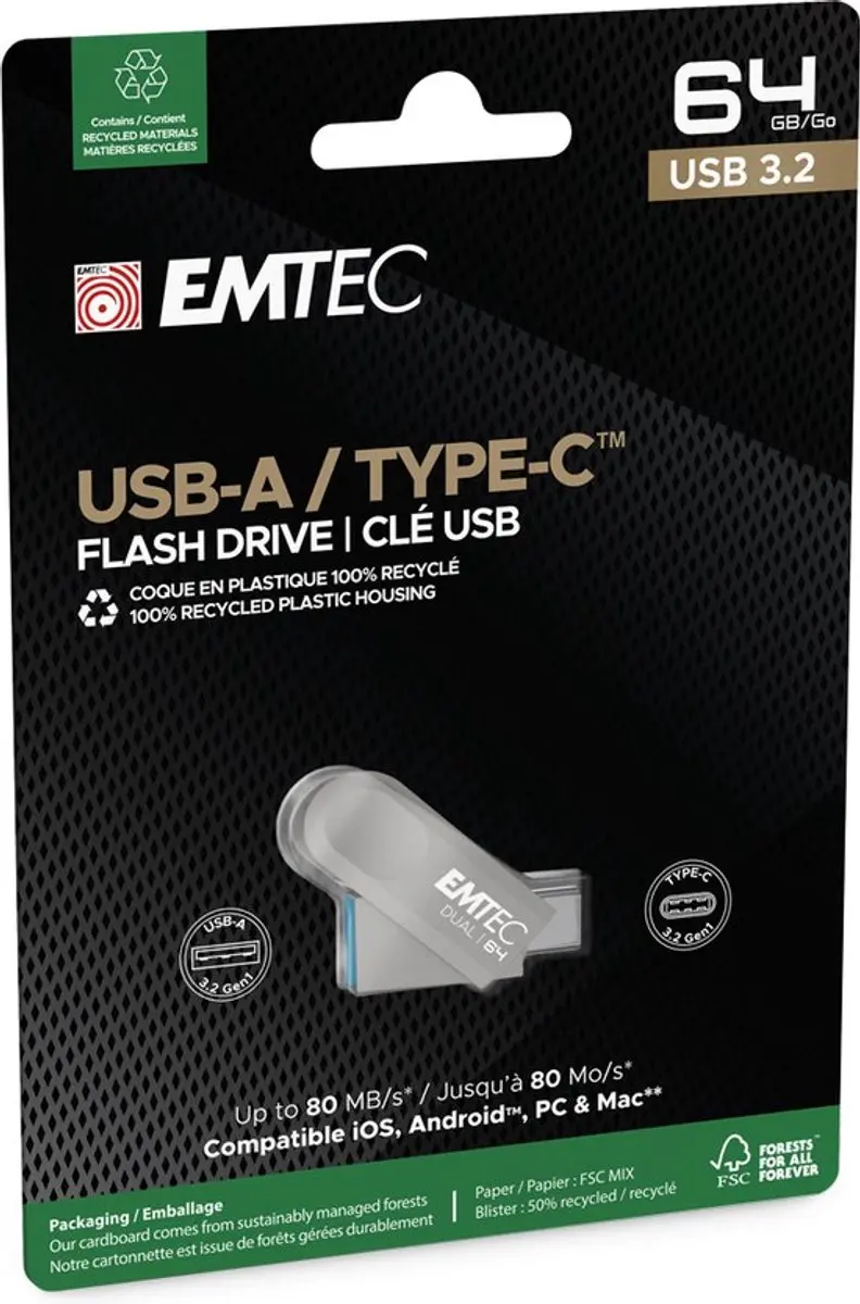 Emtec D280 Dual USB-stick 64GB ECMMD64GD283 - USB-A/USB-C - Zilver - afbeelding 2 van 2