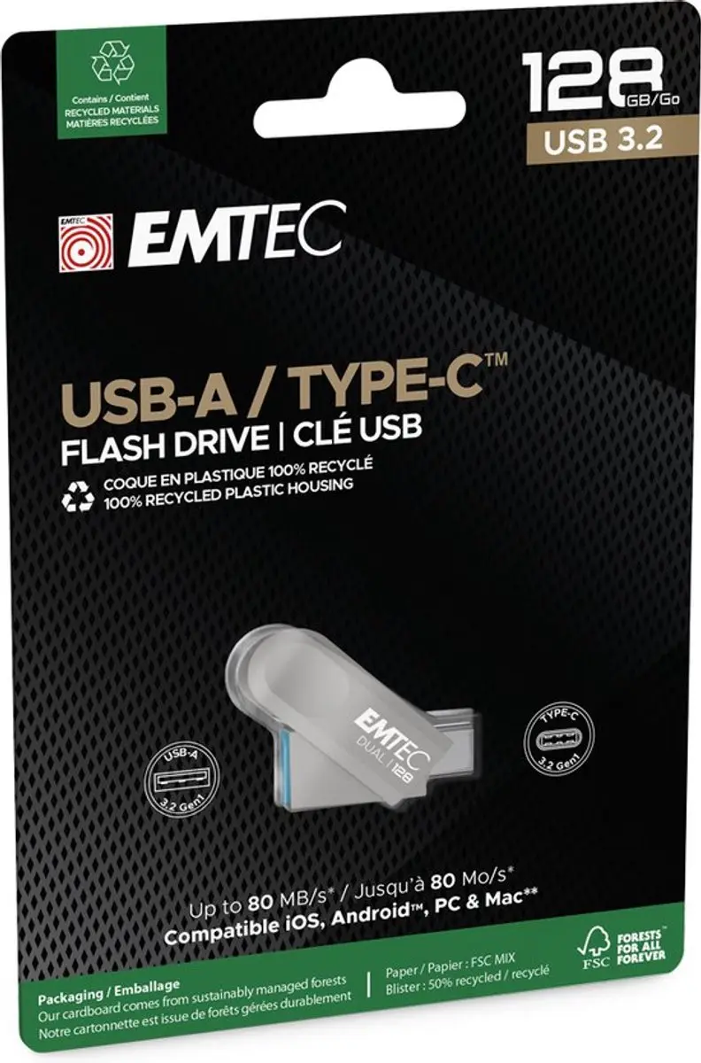 Emtec D280 Dual USB Flash Drive 128GB ECMMD128GD283 - Zilver - afbeelding 2 van 2
