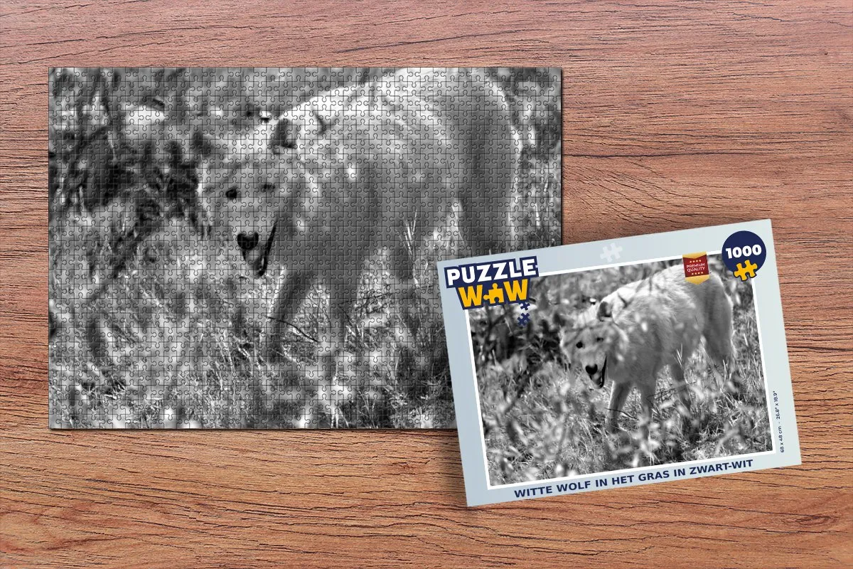 PuzzleWow Legpuzzel Witte Wolf in het Gras 1000 Stuks