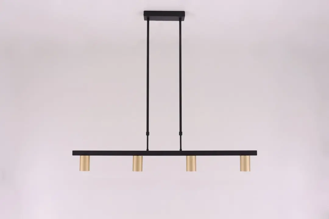 Hanglamp strak zwart met 4 gouden Gu10 spots