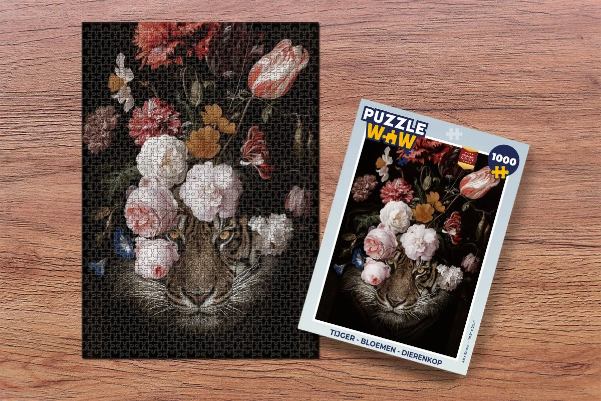 PuzzleWow Tijger Bloemen Dierenkop Legpuzzel 1000 Stuks - Multicolor