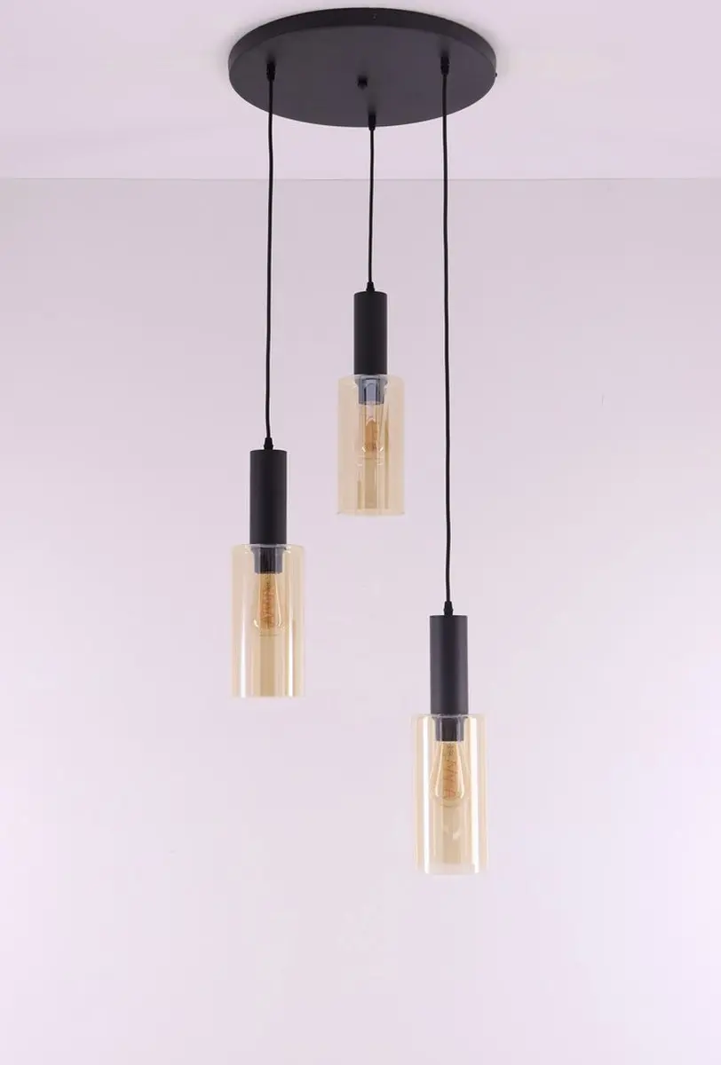Hanglamp zwart met 3 amber glazen