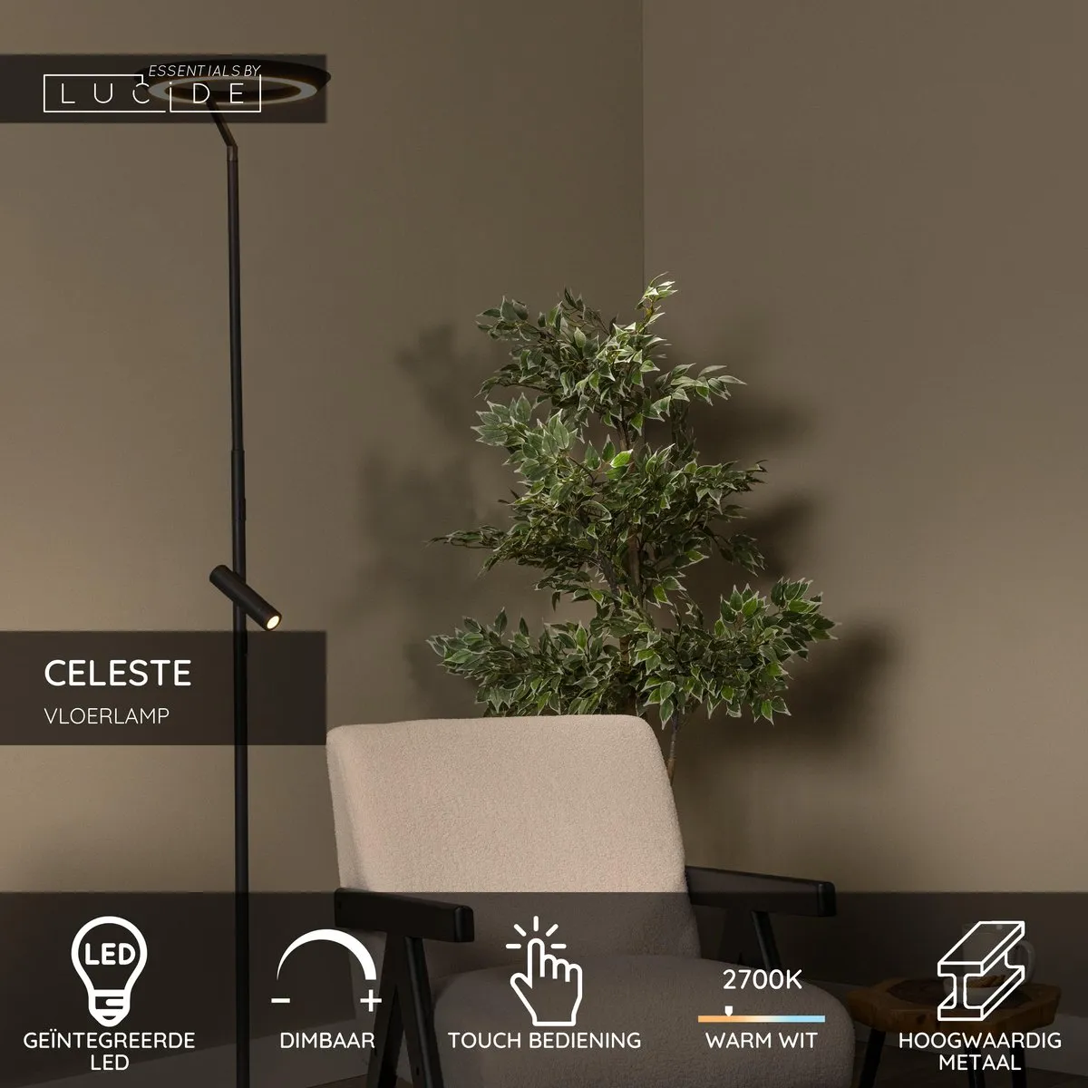 Lucide Celeste Vloerlamp - Ø28cm LED 2700K - Zwart