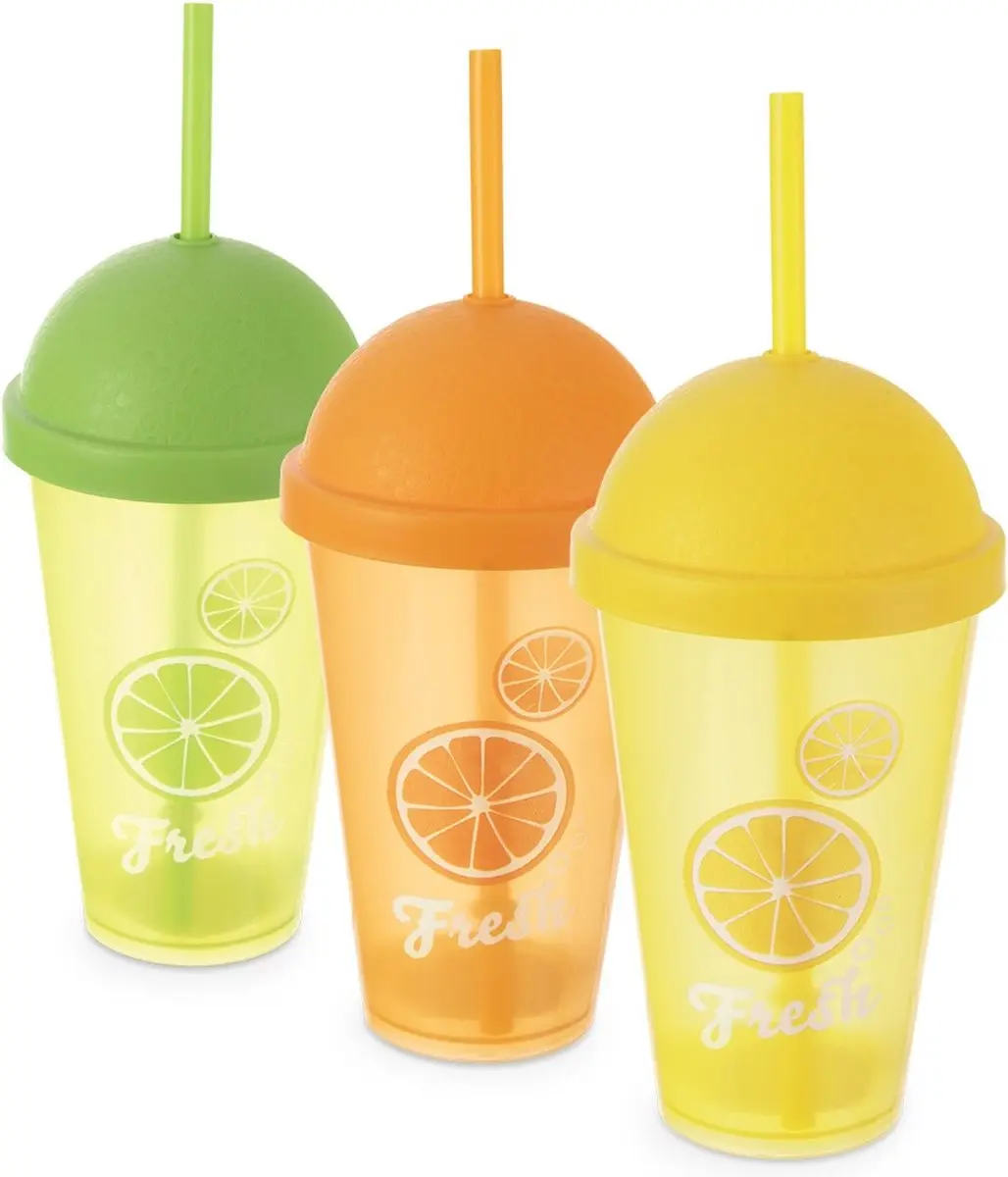 Mokken Plastic met Deksel en Rietje 450 ml 3 stuks