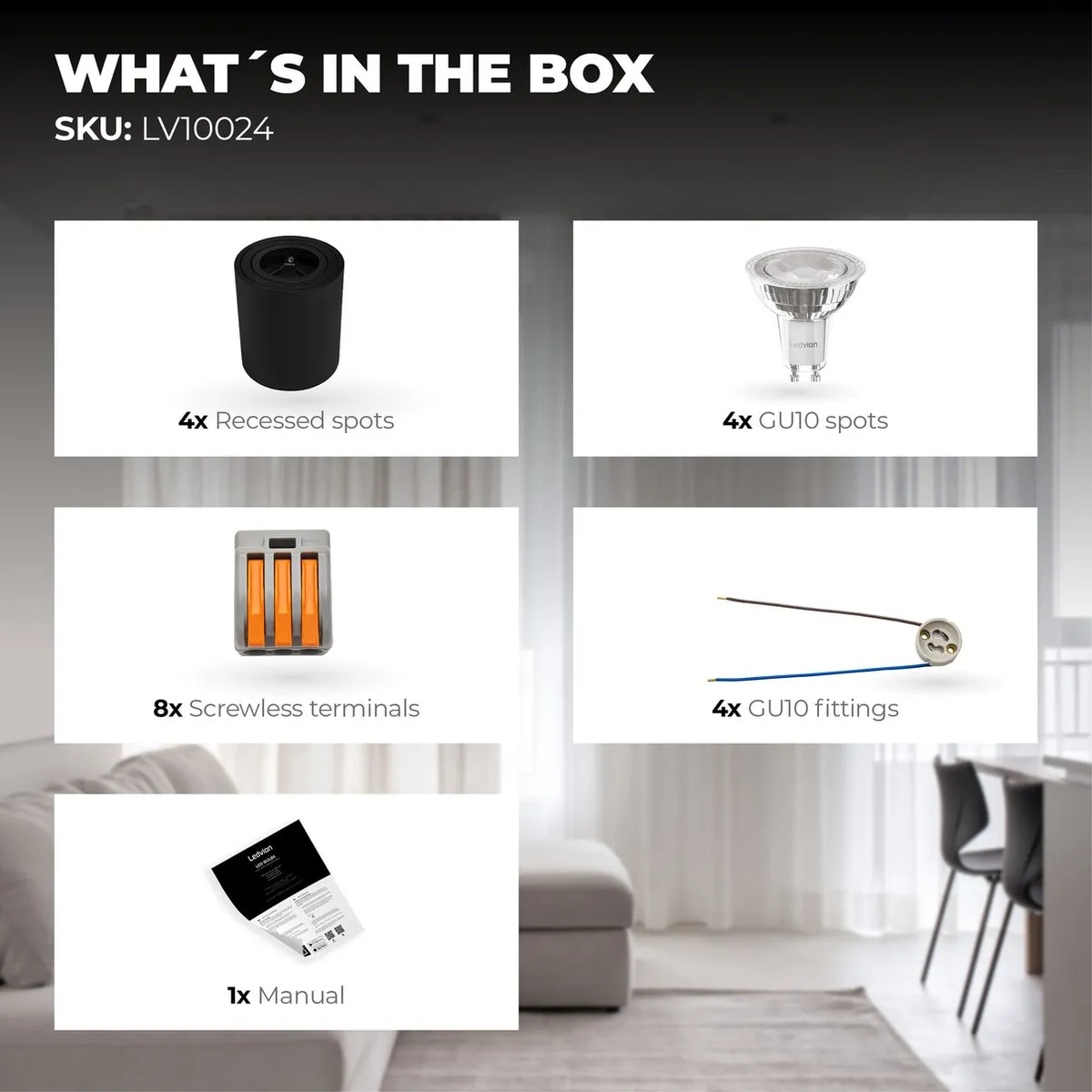 LEDVION 4x LED Opbouwspots 5W Dimbaar - 2700K Zwart