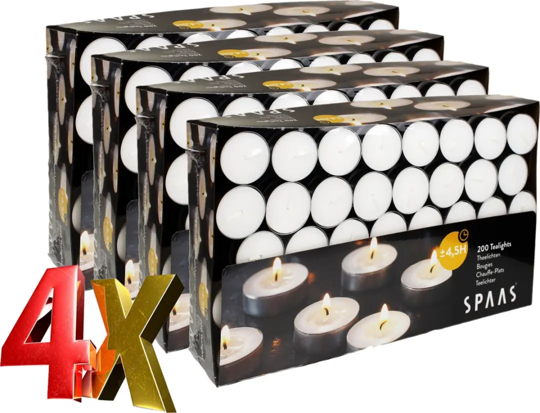 SPAAS Theelichtjes Grootverpakking 800 stuks (4x200 Stuks) Theelichten 4,5 uur b