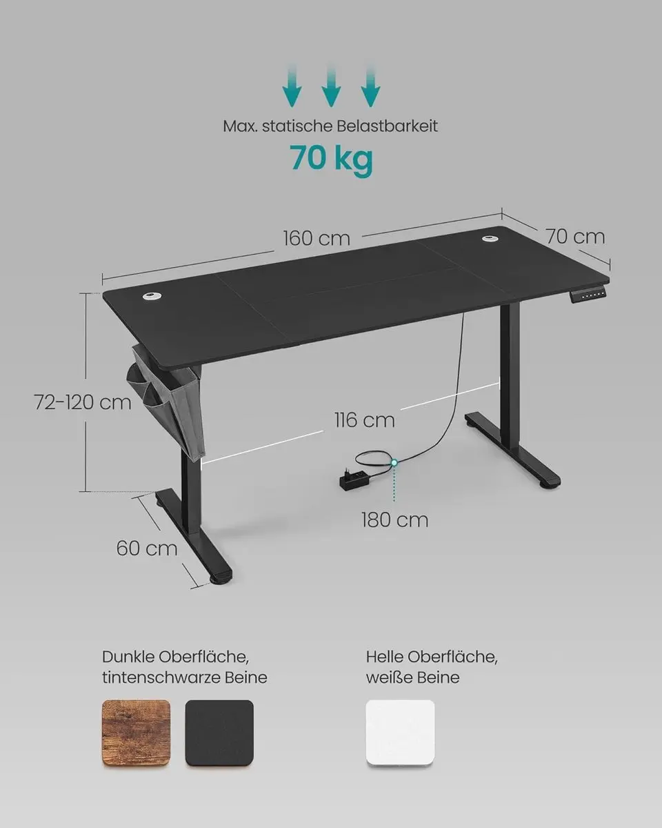 Songmics Elektrisch Bureau LSD136B01 - 160x70cm - Zwart - afbeelding 2 van 6