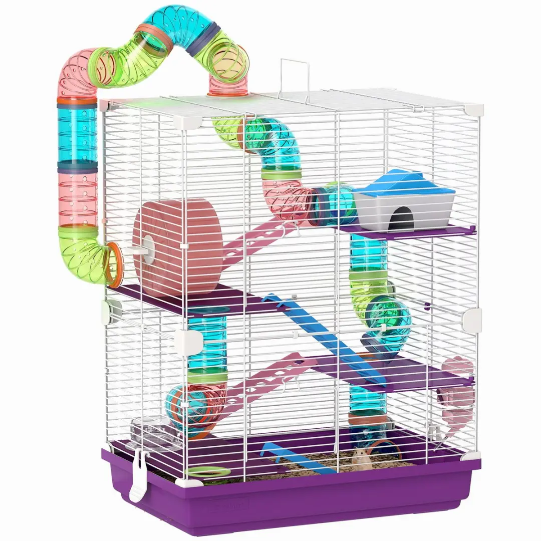 PawHut-Hamsterkooi-46x30x58cm-Metaal-Paars
