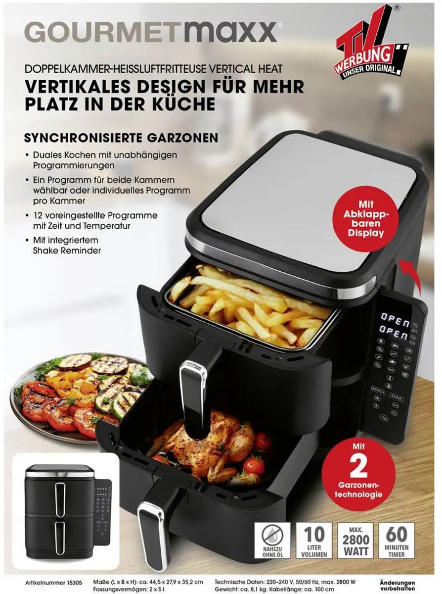 Gourmetmaxx FryUp Vertical 15305 Airfryer 10L - 2800W - afbeelding 6 van 6