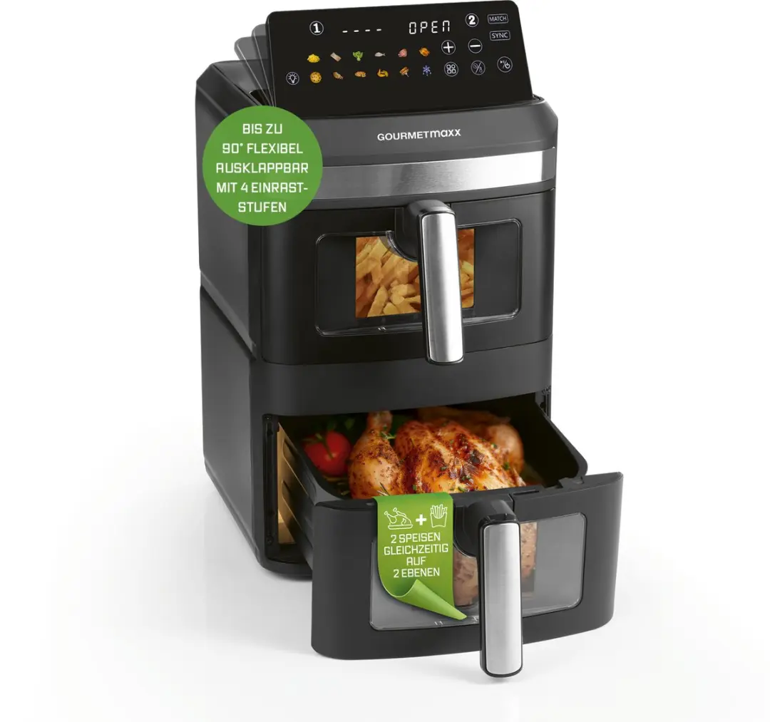 GOURMETmaxx FryUp XL verticale heteluchtfriteuse met dubbele kamer en kijkvenste