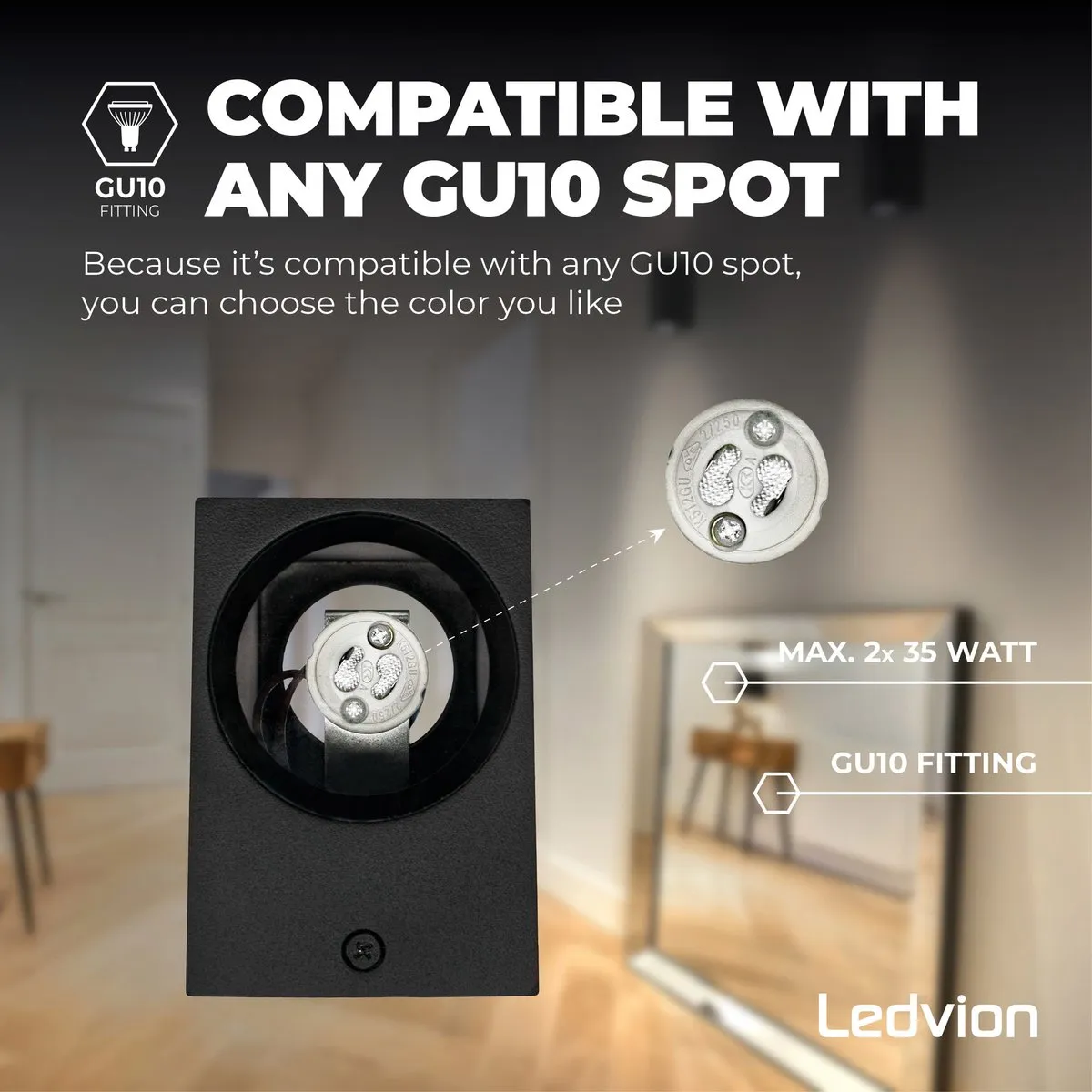 LEDVION LED Wandlamp Dimbaar GU10 IP54 - 2x235W - Zwart