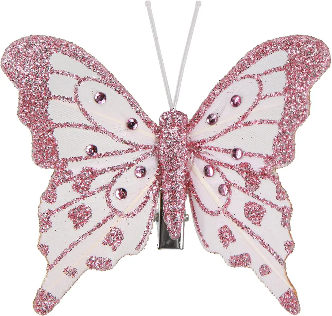 Decoratieve vlinders van veren roze glitter 7,5x7cm 4 st