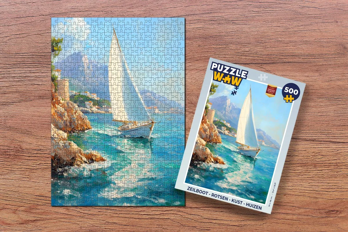 PuzzleWow Zeilboot Legpuzzel 500 Stuks - Rotsen & Huizen