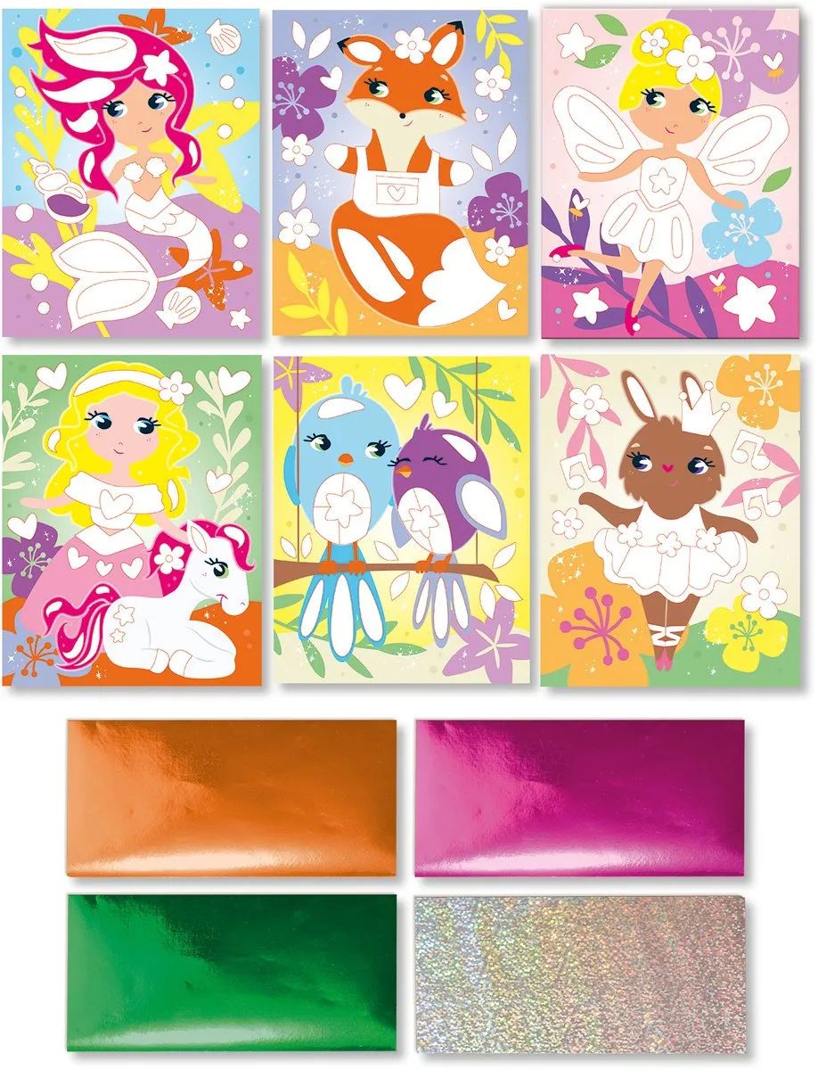 SES Creative Foil Art Vriendjes uit de Sprookjeswereld - 4 Metallic Folies & 6 Kaarten - Roze