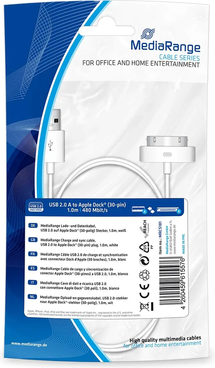 MediaRange MRCS181 USB-kabel naar Apple Dock 1m